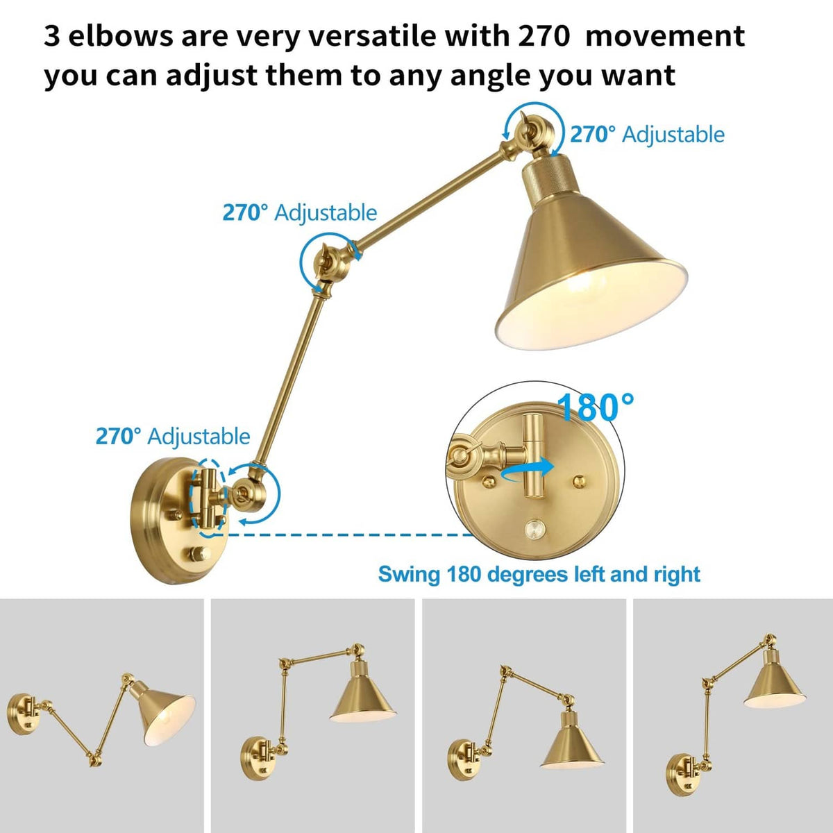 Adjustable brushed brass wall sconce with pivoting arms, multiple elbow positions