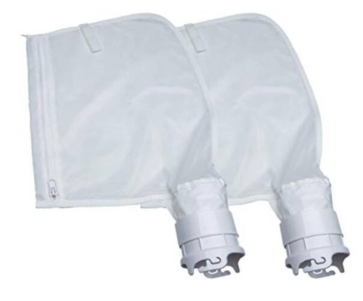 Front view of white fine mesh debris bag with zipper closure and two hose connectors