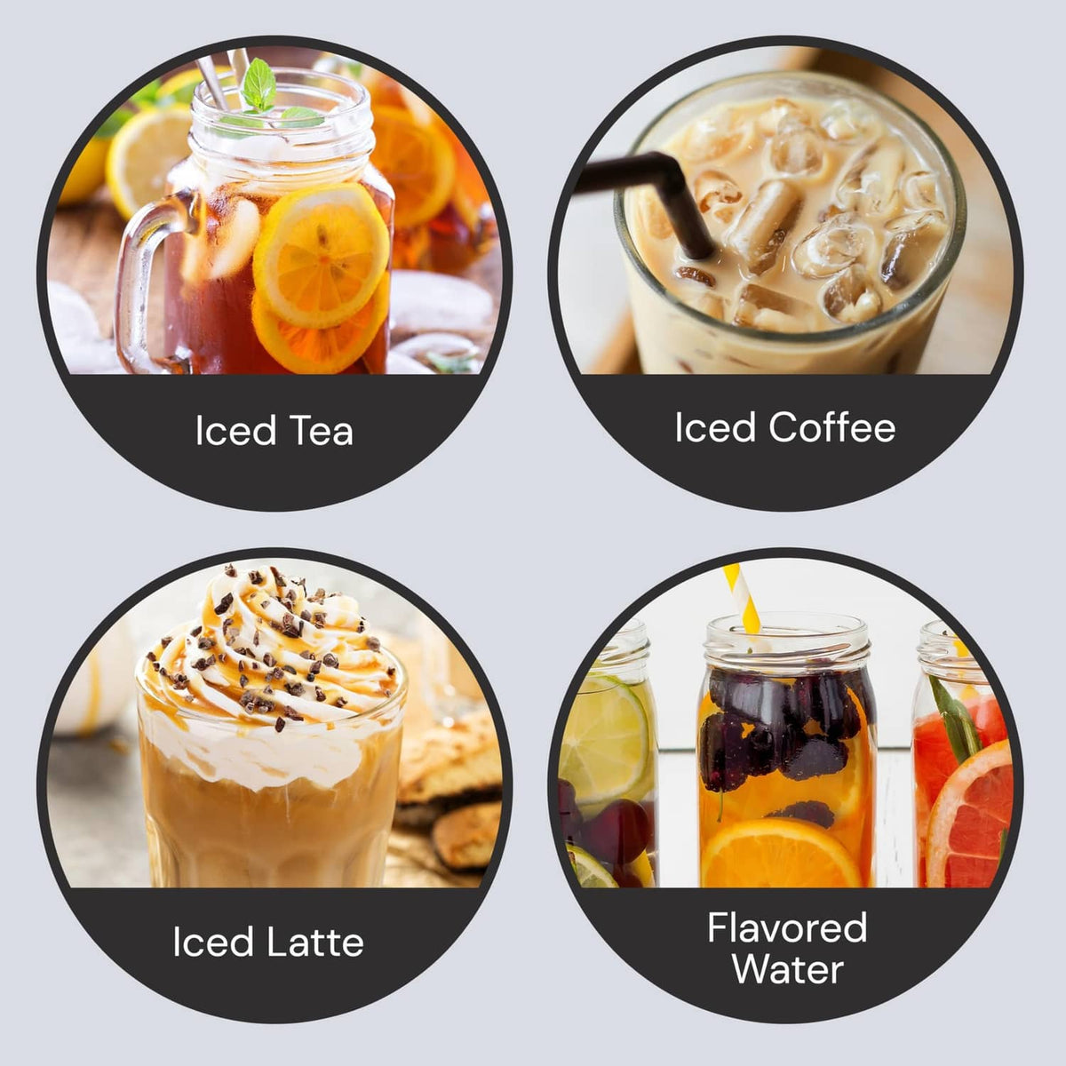 Promotional graphic showing iced tea, iced coffee, iced latte, and flavored water options