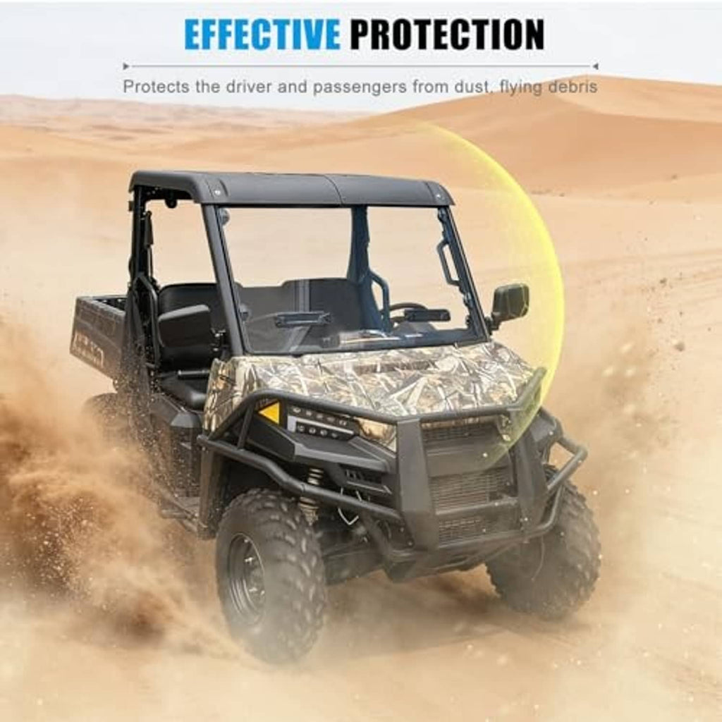 Front windshield providing protection with clear panel and black frame