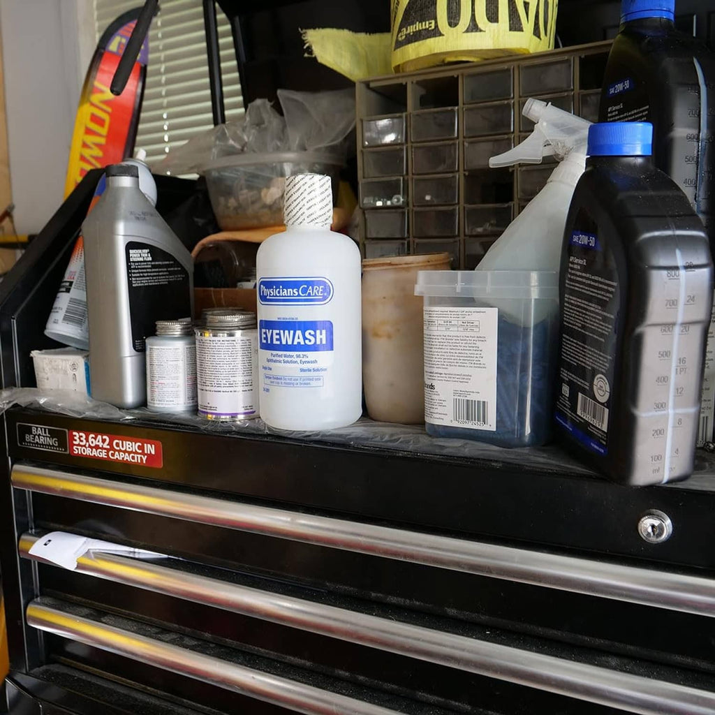 PhysiciansCare Eyewash bottle on a storage shelf with other containers