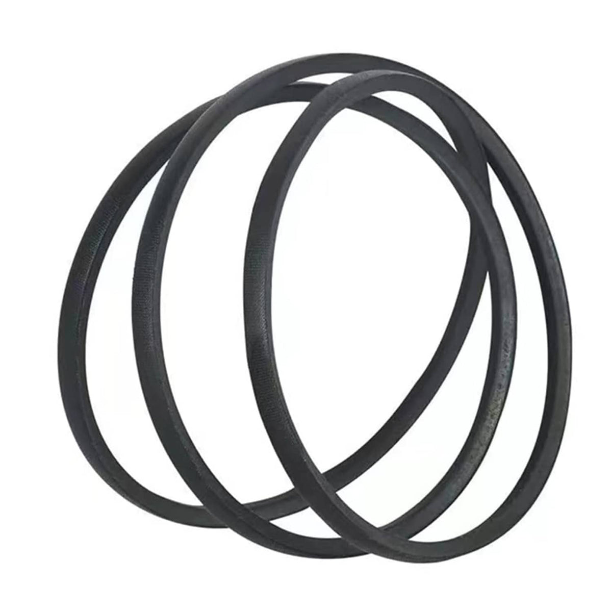 Black lawn mower drive belt, coiled loop shape with smooth rubber edges.