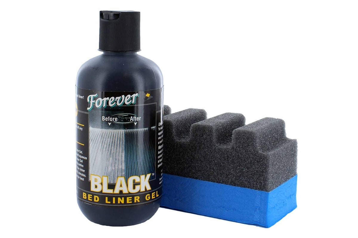 Black truck bed liner gel bottle with applicator foam blocks