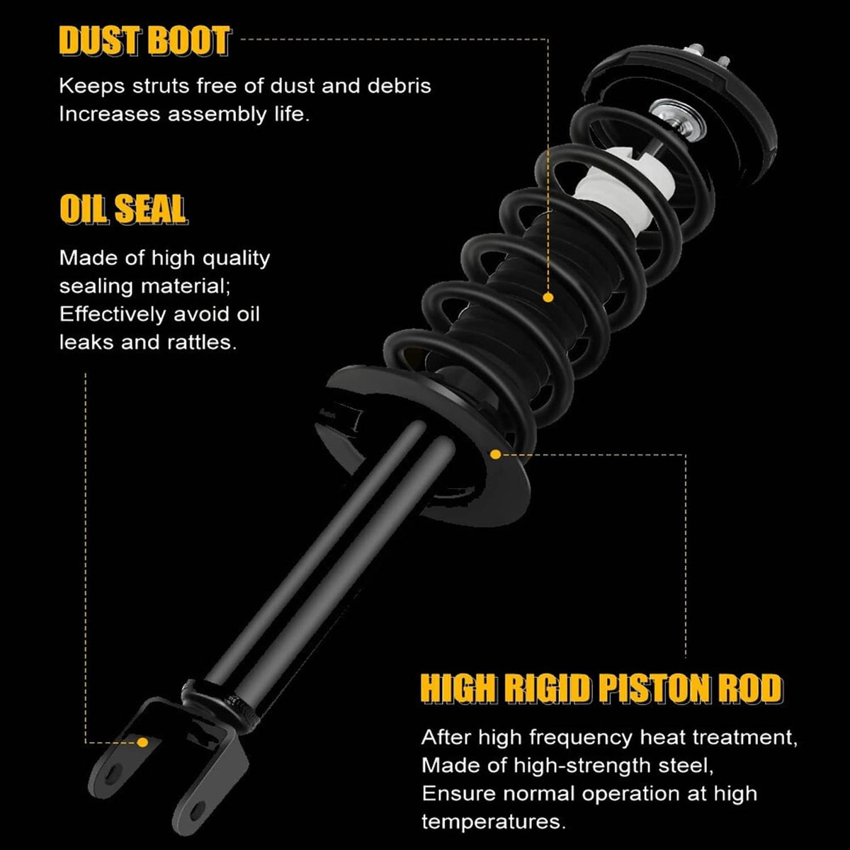 Complete shock strut with black dust boot, oil seal, and high-rigid piston rod.