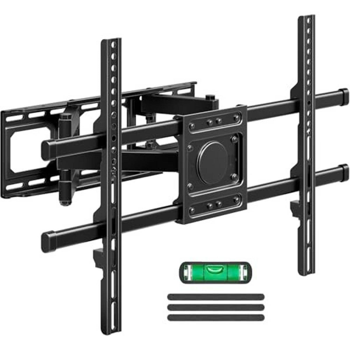 Full-motion TV wall mount bracket with VESA plate, dual rails, and adjustable arms, black