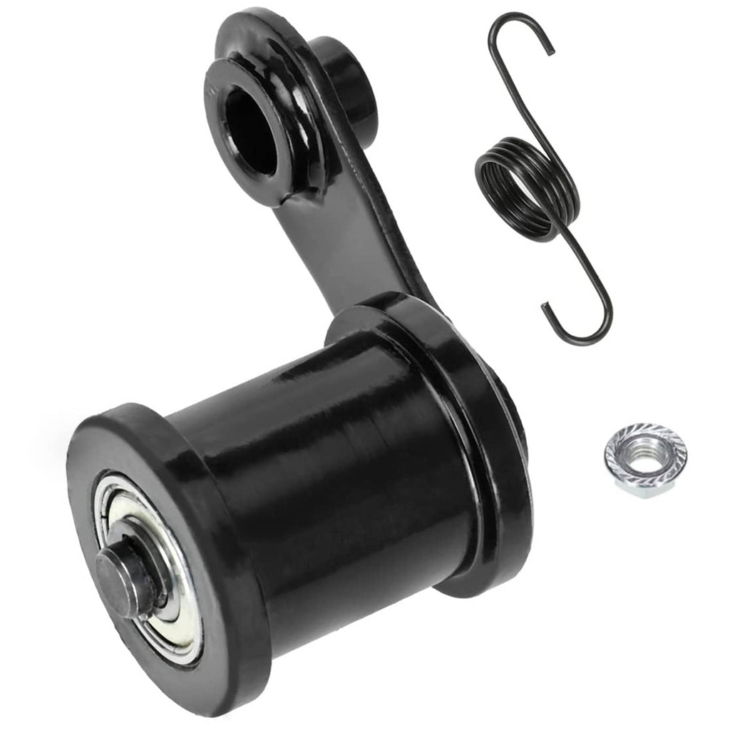 Mini bike chain tensioner with black roller, mounting bracket, spring and washer set