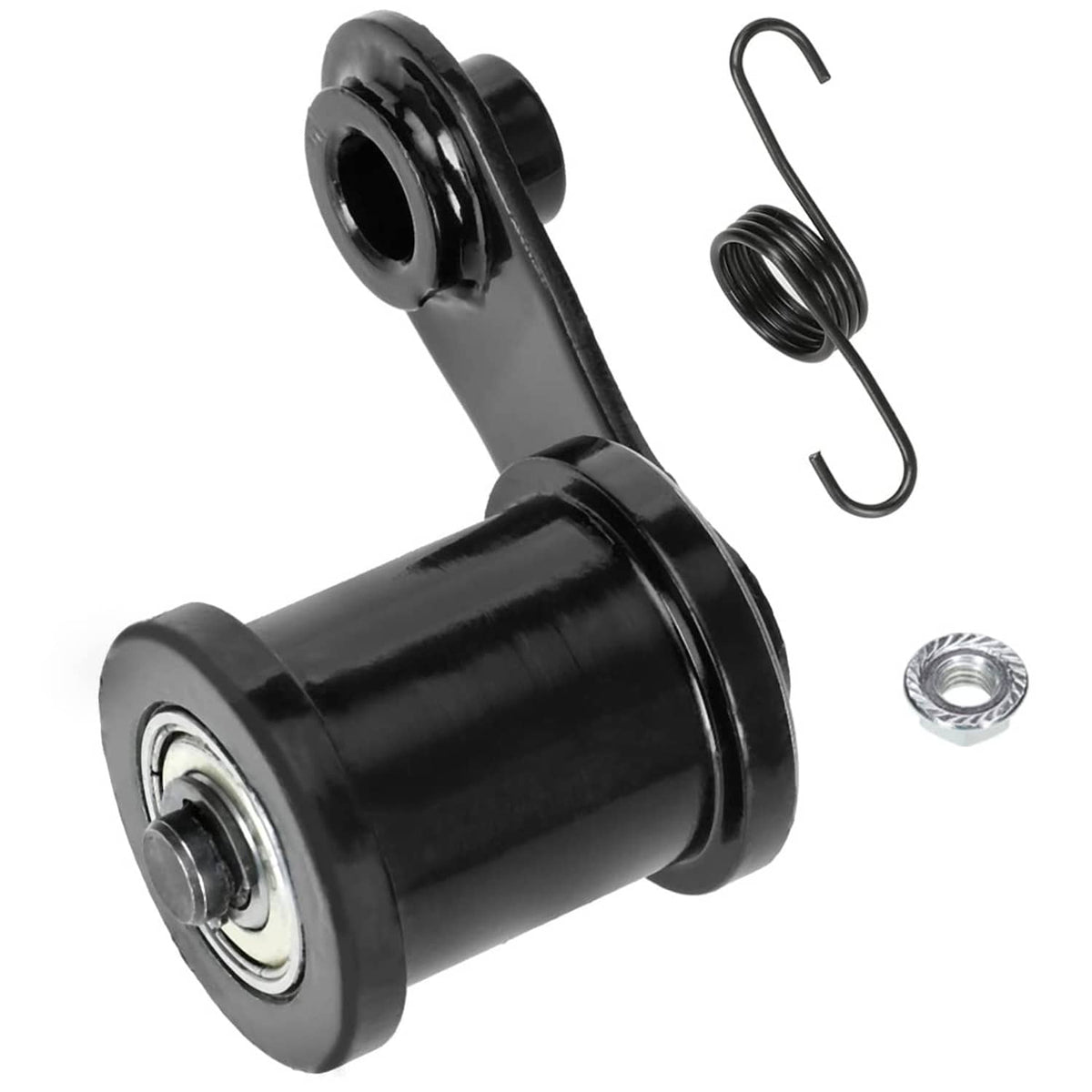 Mini bike chain tensioner with black roller, mounting bracket, spring and washer set