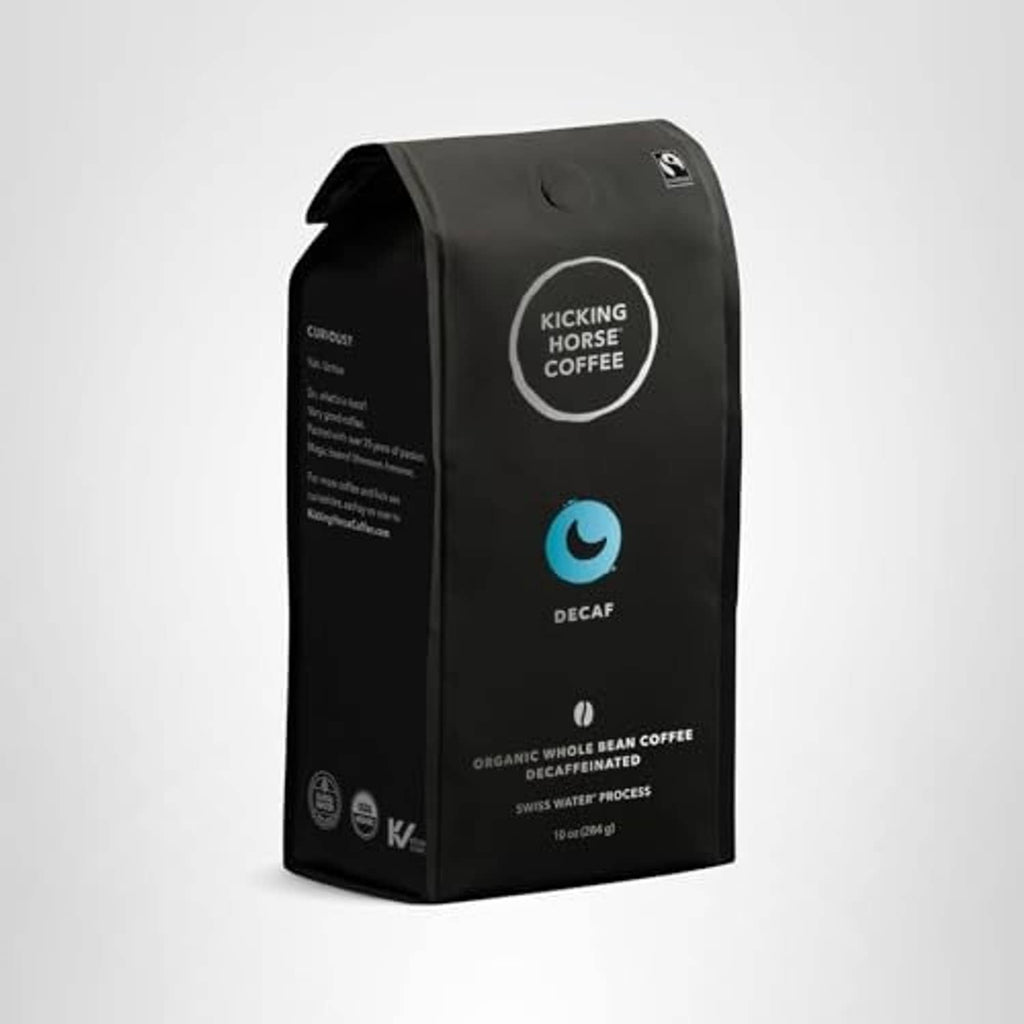 Kicking Horse decaf dark roast coffee bag with front branding and icons on white