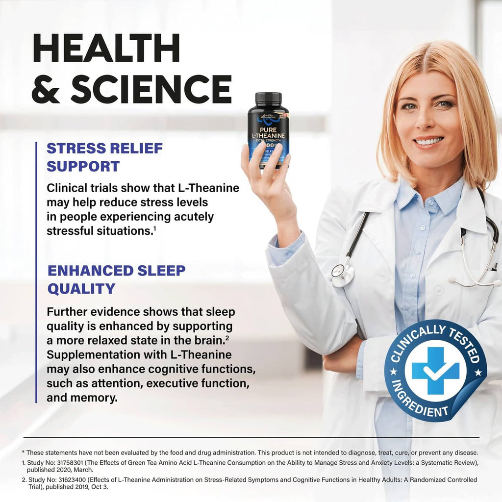 L-theanine supplement bottle held by a smiling doctor with blue medical badge
