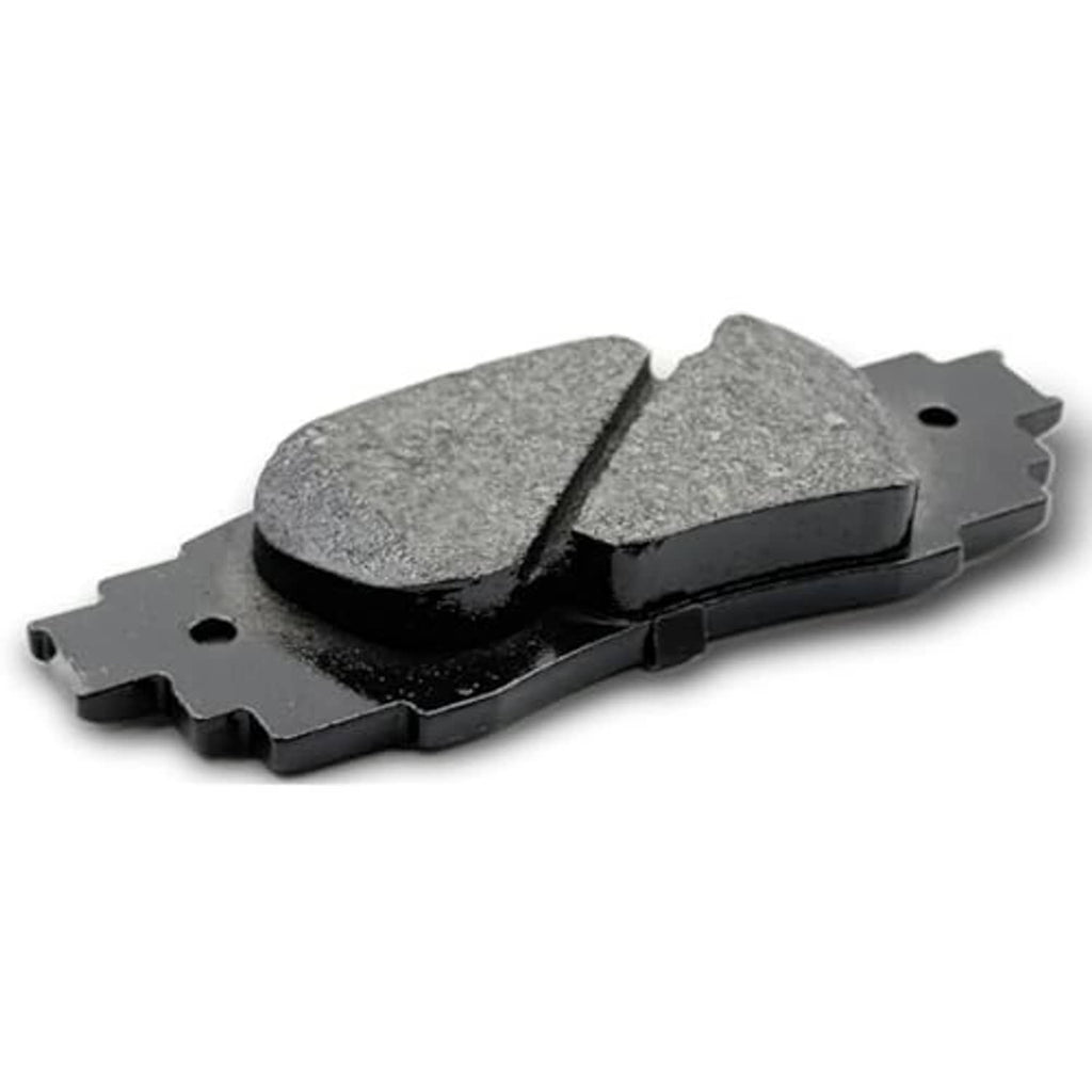 Ceramic disc brake pad set, gray friction pad with black backing and metal mounting tabs