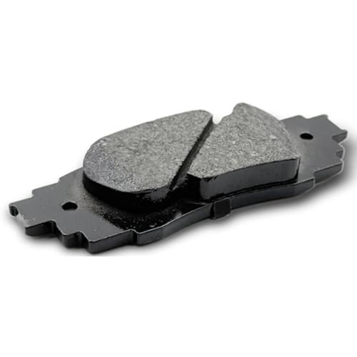 Ceramic disc brake pad set, gray friction pad with black backing and metal mounting tabs