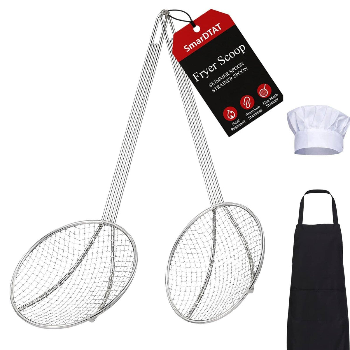 Set of 2 silver mesh fryer skimmer spoons with long handles