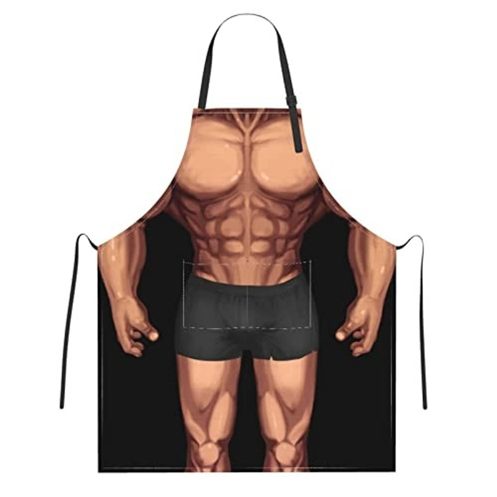 Black kitchen apron with muscular chest print and front pocket panel
