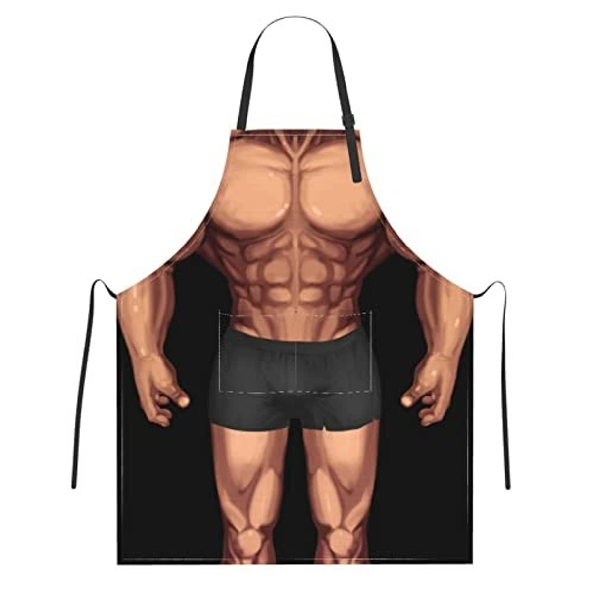 Black kitchen apron with muscular chest print and front pocket panel