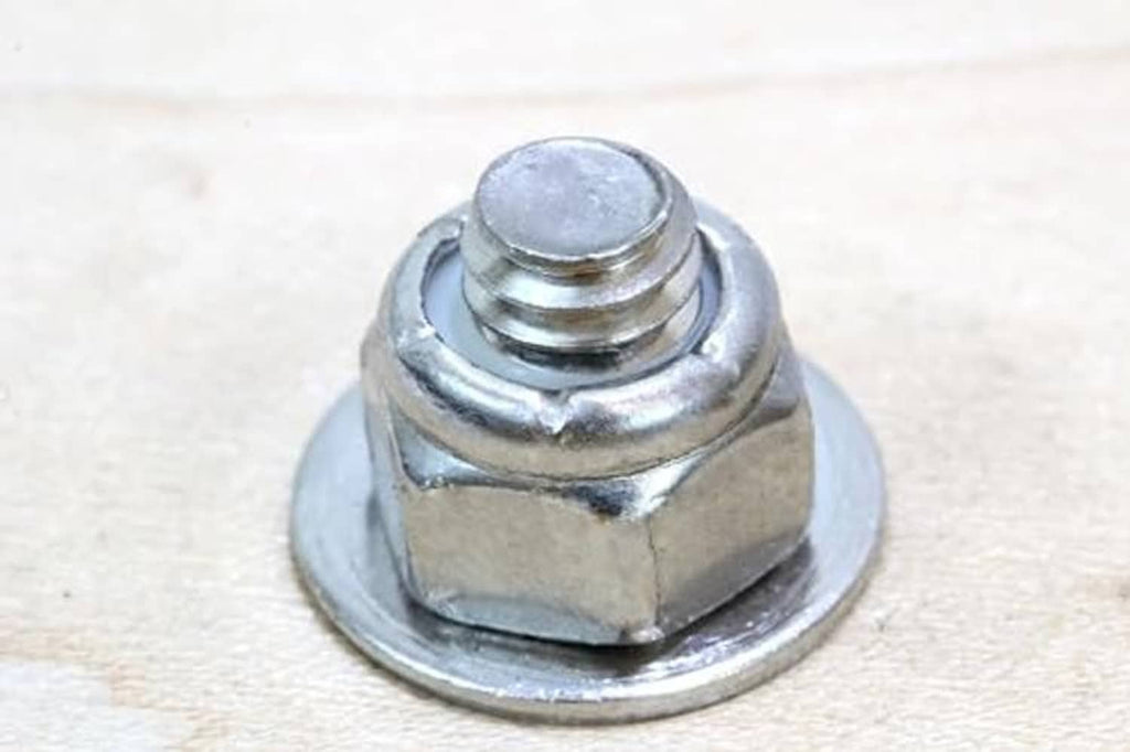Stainless steel hex lock nut with nylon insert and #10-24 thread, close-up