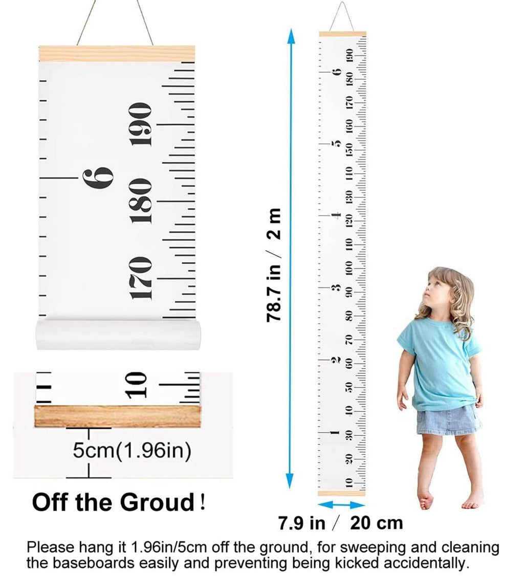 Canvas kids height chart with large number scale and inch/cm ruler, wood hanging bar.