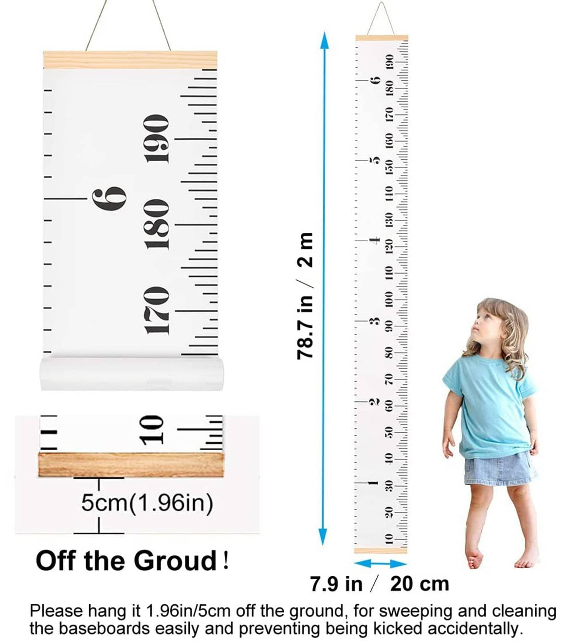 Canvas kids height chart with large number scale and inch/cm ruler, wood hanging bar.