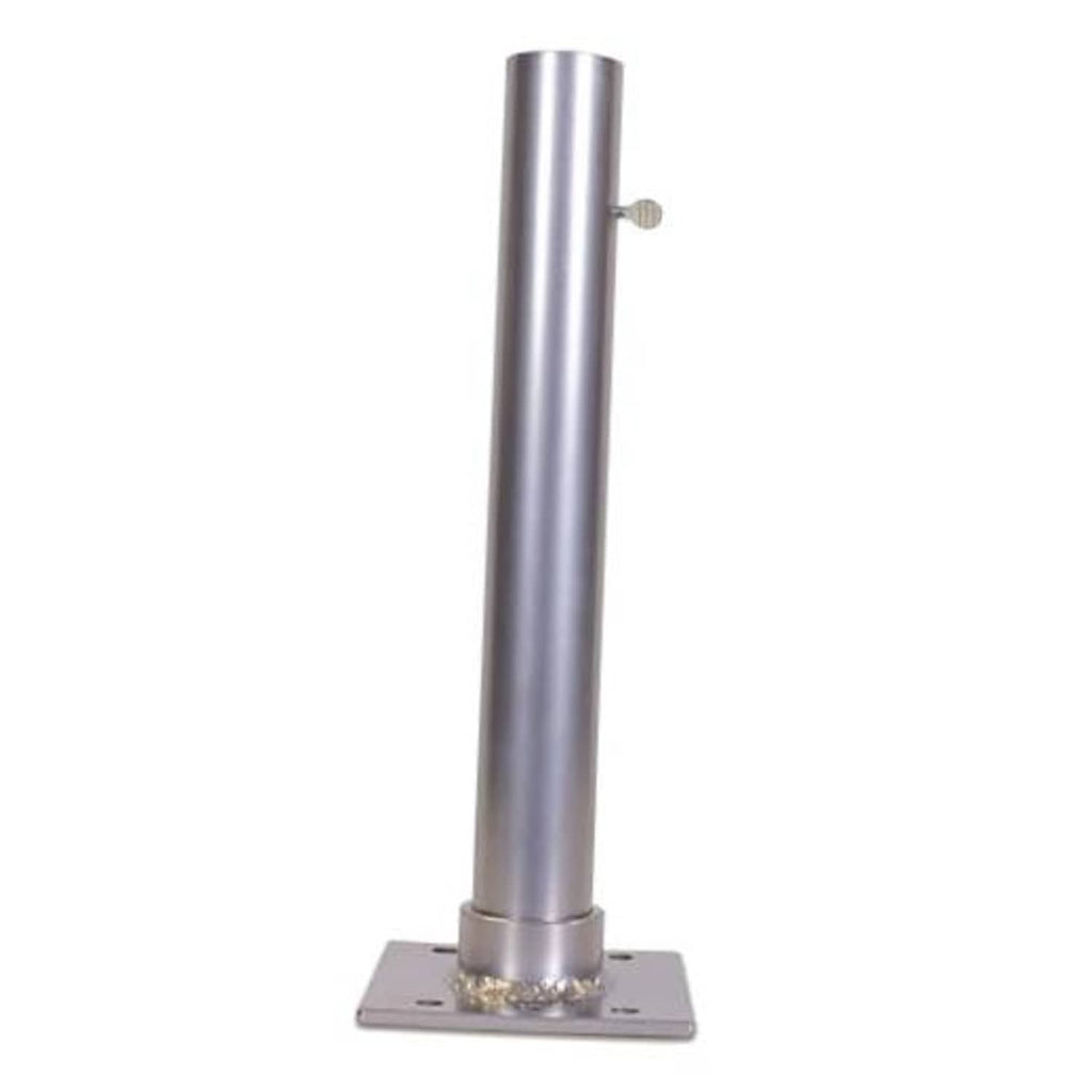Metal flagpole deck mount with round sleeve, square base plate, and side bolt