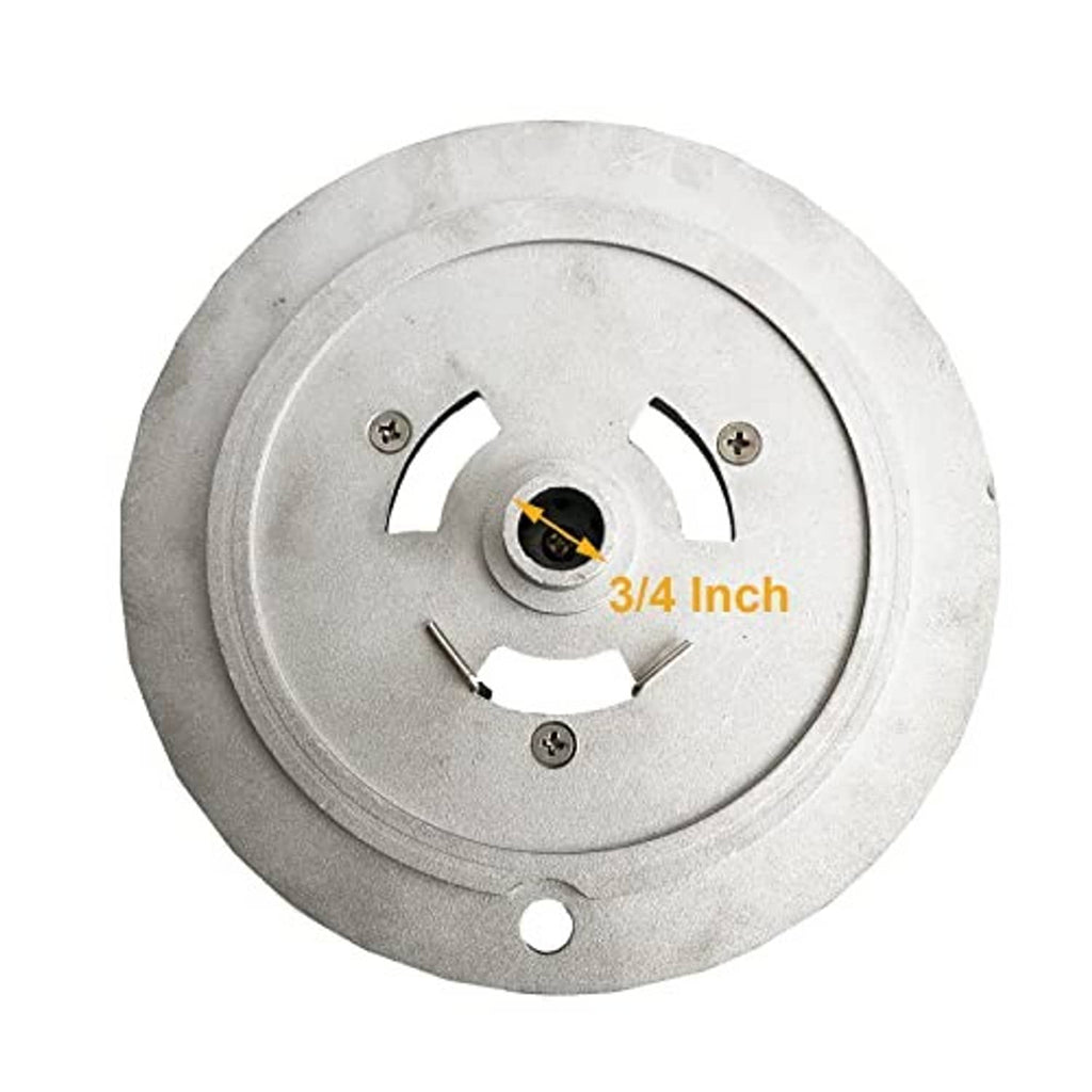 3/4 inch brass center burner cap on gray mounting plate with screw holes
