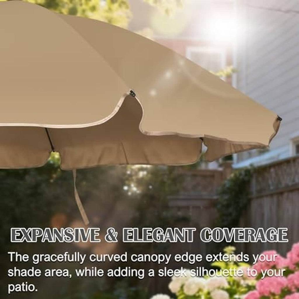 Tan patio umbrella canopy edge with ribs and hanging strap