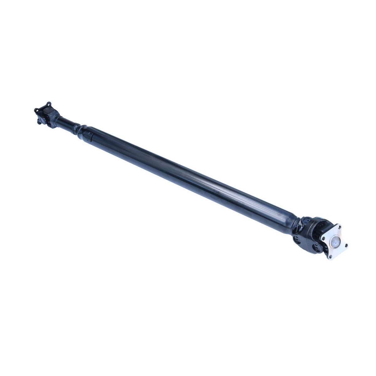 Rear driveshaft prop shaft assembly, long steel shaft with end yokes and mounting flange