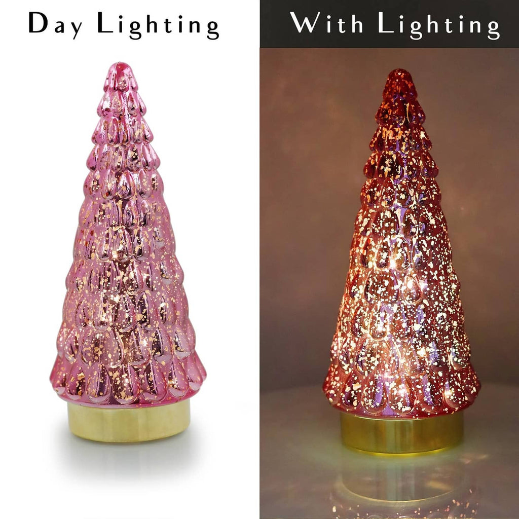 Pink glitter tabletop Christmas tree with warm lights (lit view shown)