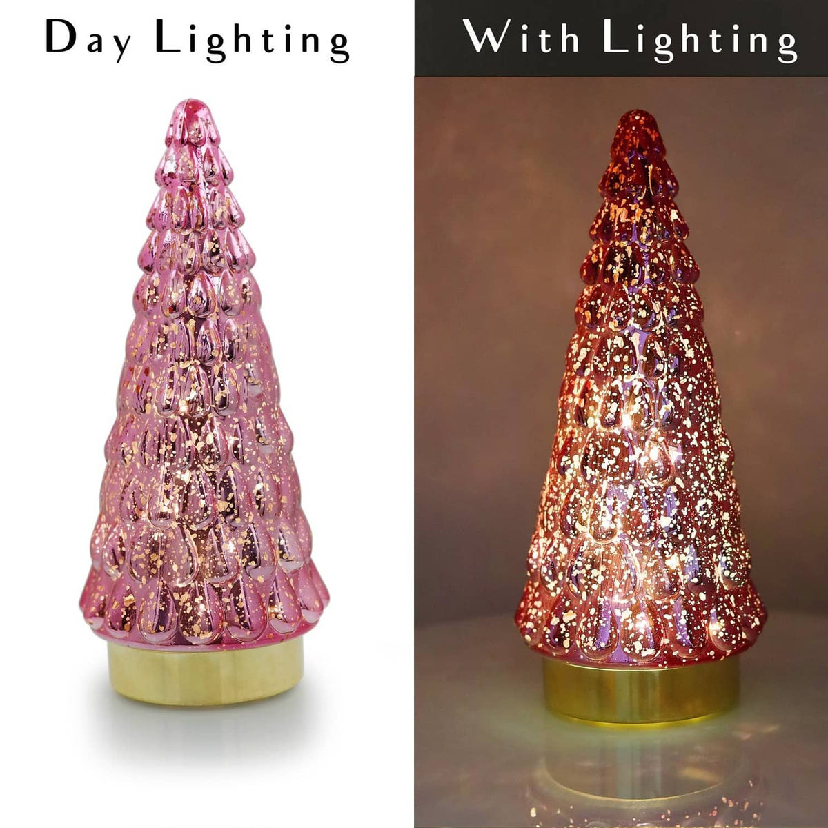 Pink glitter tabletop Christmas tree with warm lights (lit view shown)
