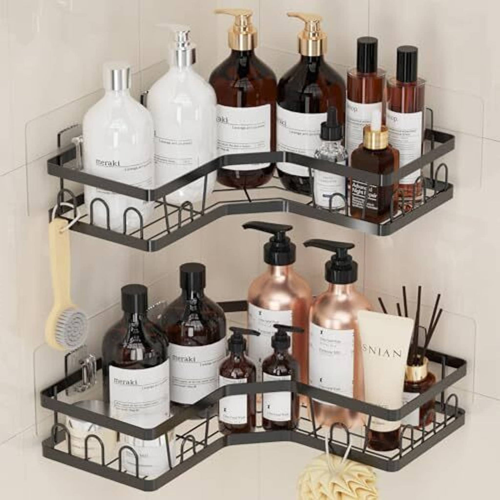 Two-tier corner shower organizer with black metal shelves and multiple hanging hooks