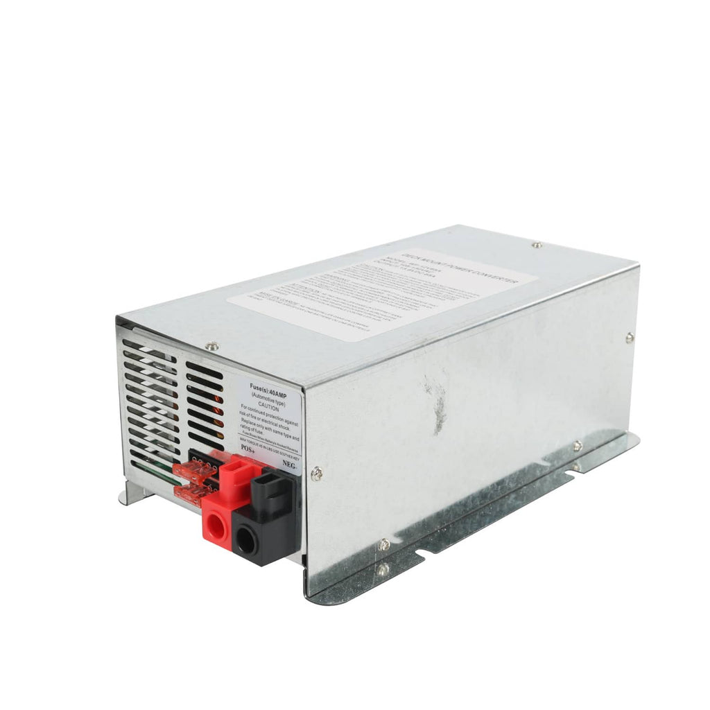 65A power converter charger with red and black screw terminals, vented metal body