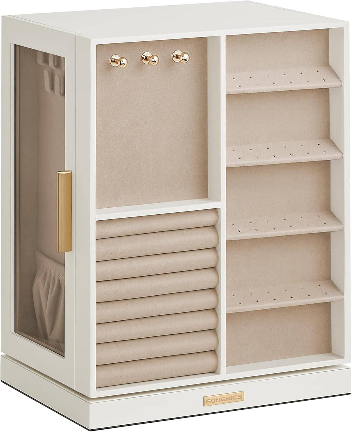White rotating jewelry cabinet with open side door, drawers, and ring organizer slots