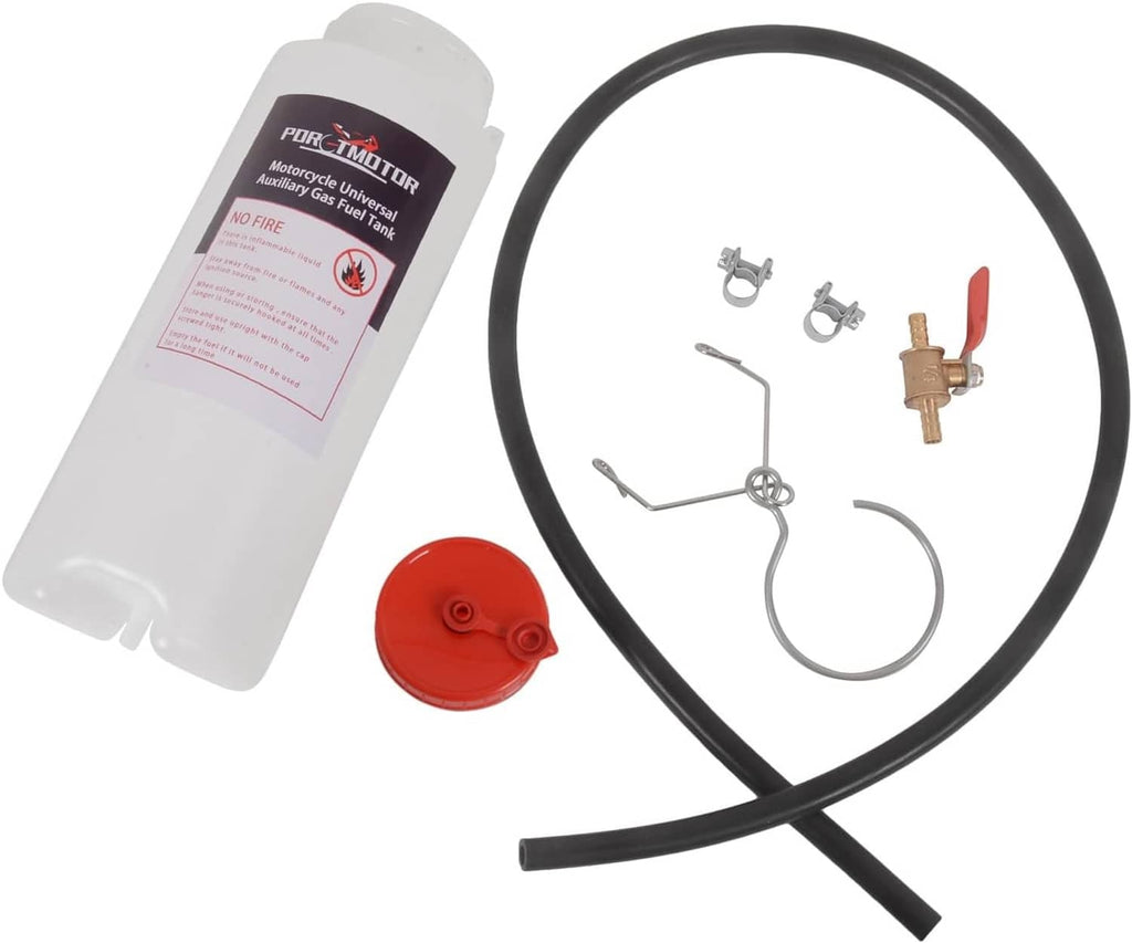 Vented 1L fuel tank with red cap; includes fittings and black fuel line