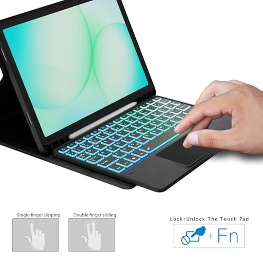 Black keyboard folio case with touchpad and blue backlit keys; finger on palm rest