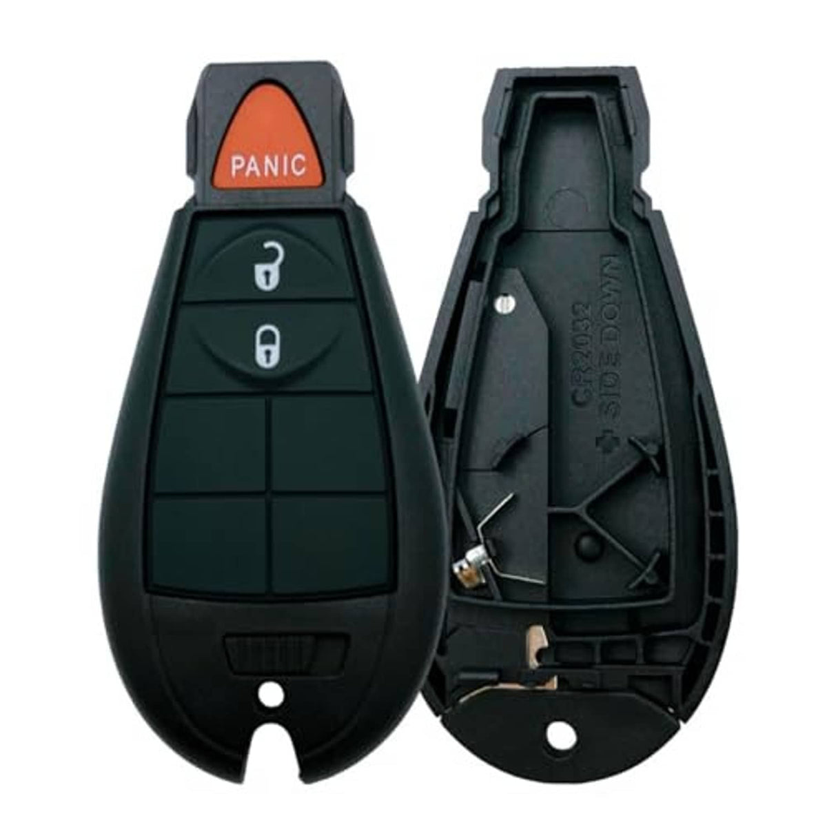 Black 3-button key fob shell case with orange PANIC button; front and rear views