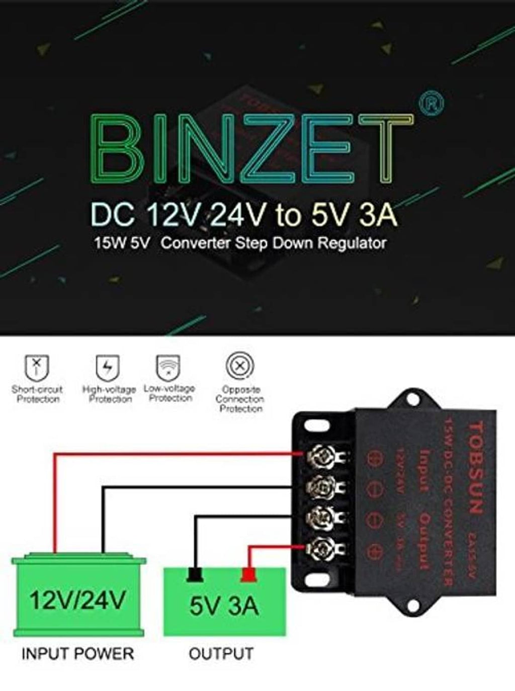 DC-DC step-down converter module with BINZET label and screw terminal outputs