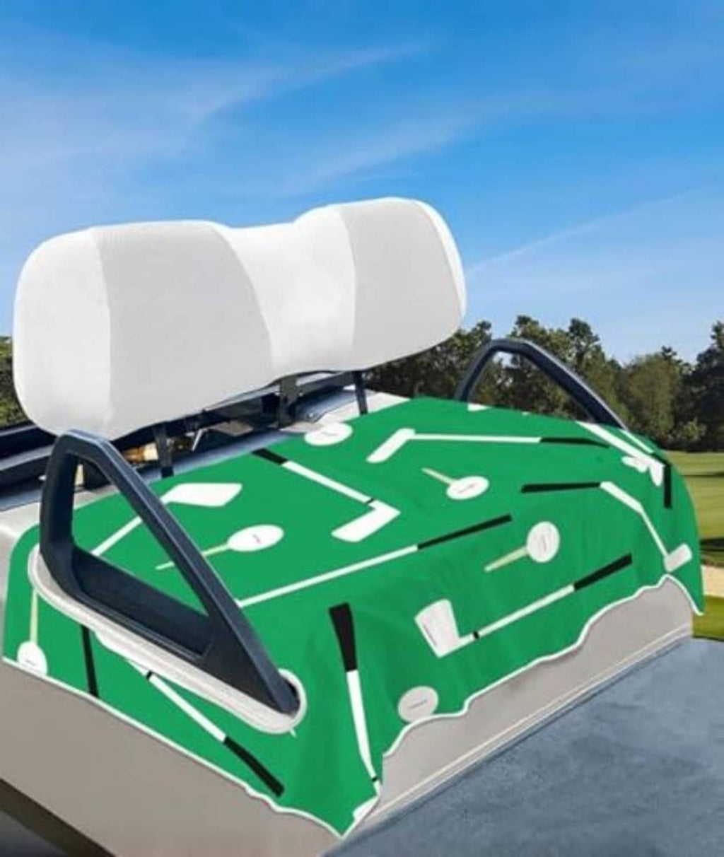 Golf cart seat towel cover, white headrest wrap and green club-pattern seat back