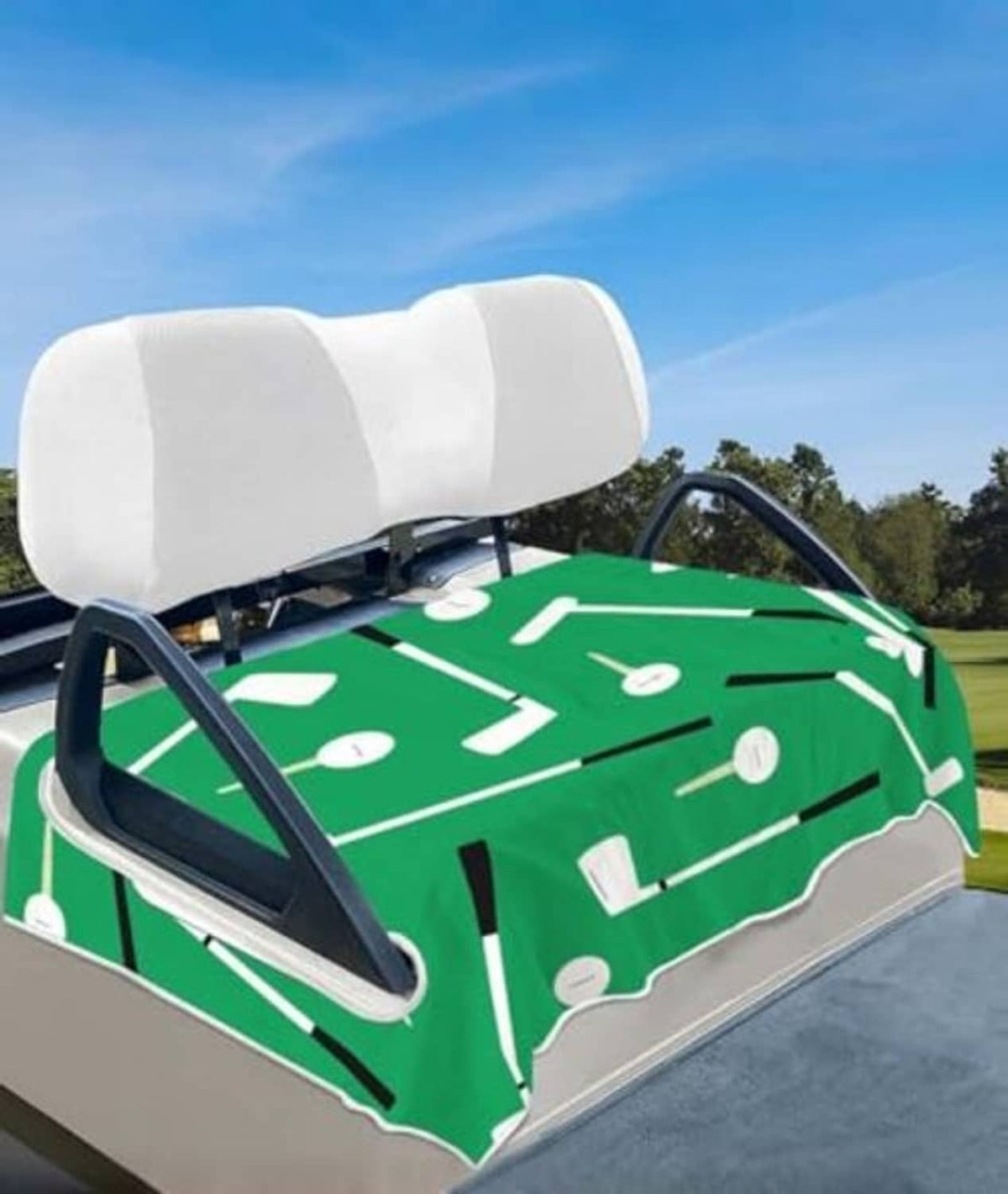 Golf cart seat towel cover, white headrest wrap and green club-pattern seat back