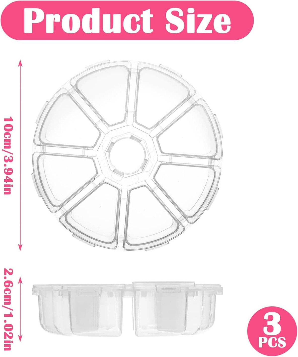 Clear round plastic organizer box with 8 compartments; includes 3-pack size view