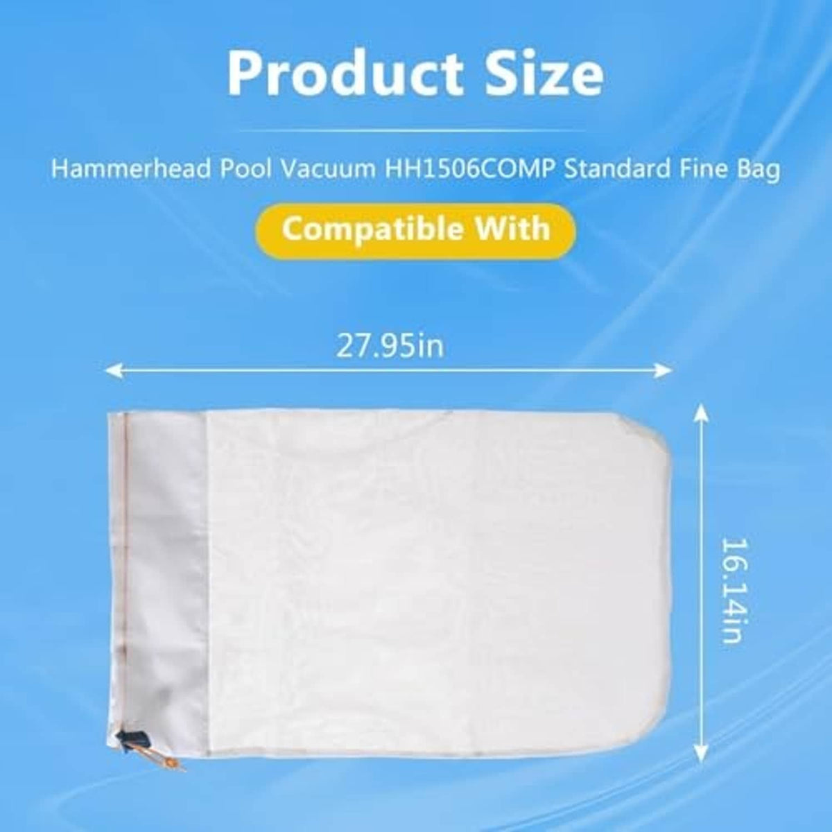 White pool vacuum fine debris bag with curved bottom and orange drawstring cord.