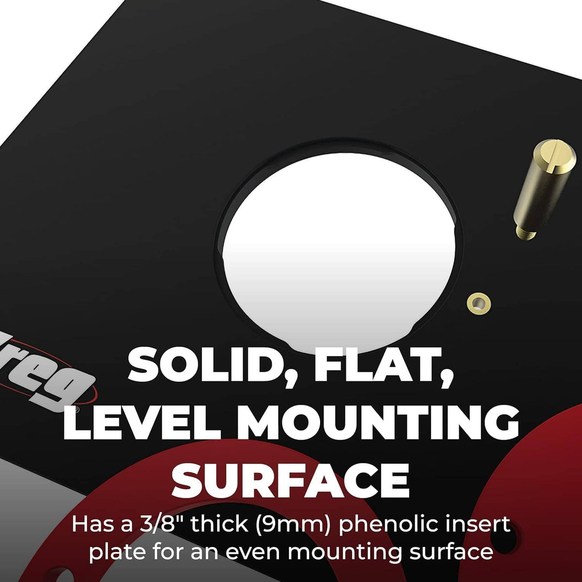Black router insert plate with large circular opening and brass mounting hardware