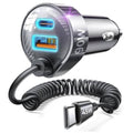 Black car charger adapter with USB-C port and coiled charging cable, 45W mark