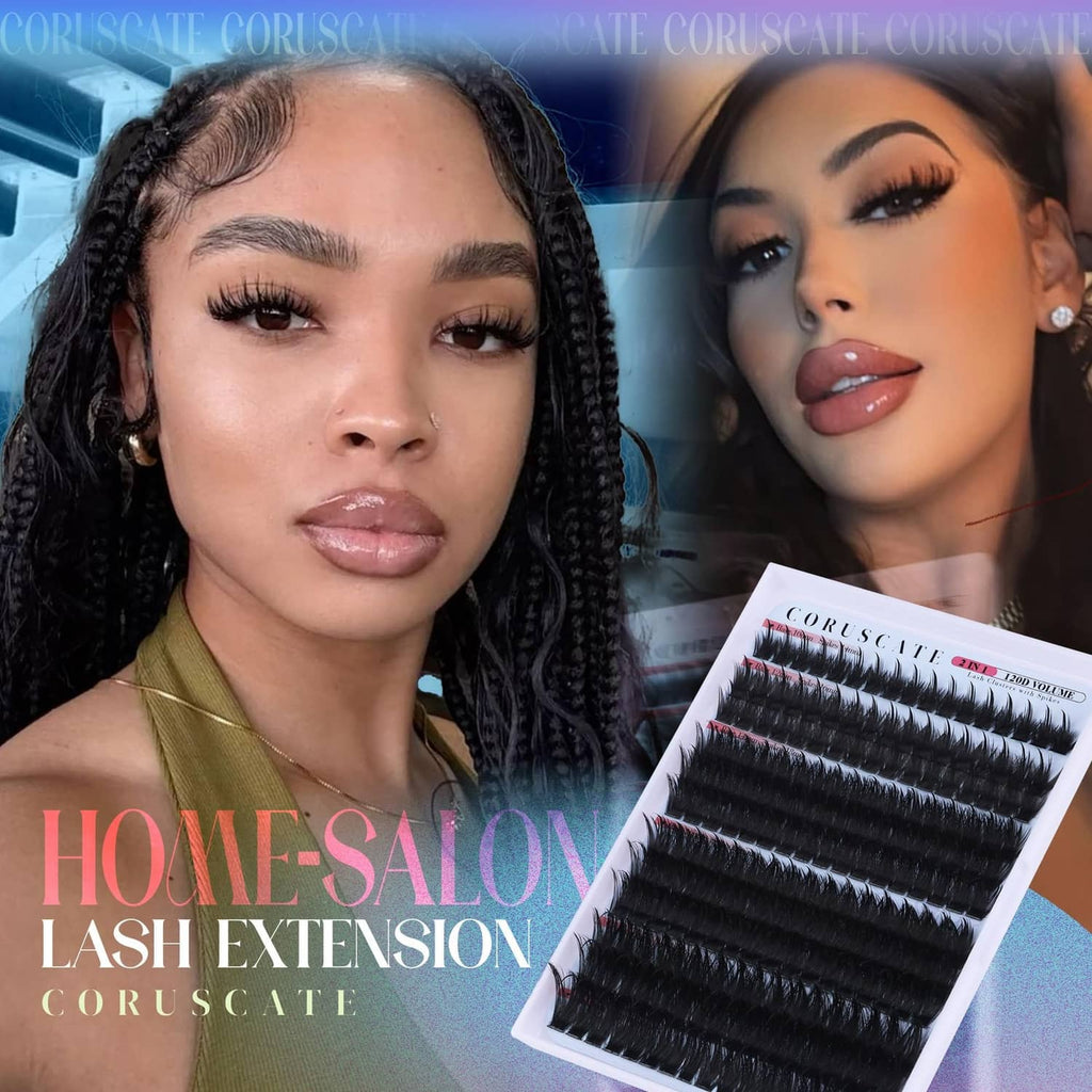 Black mink lash cluster extensions tray beside two models with finished lashes