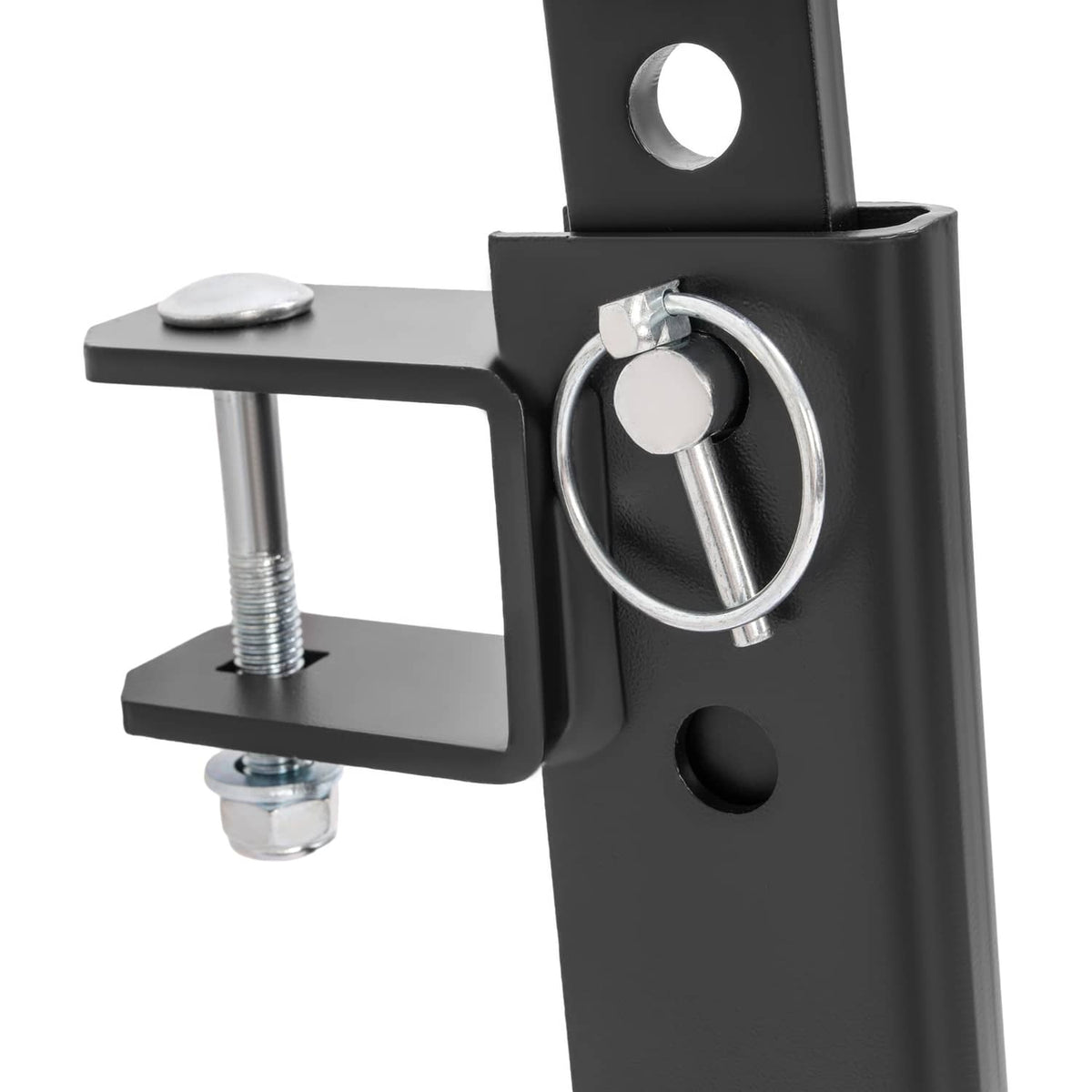 Powder-coated steel chisel plow implement close-up of ring pin and side mounting plate