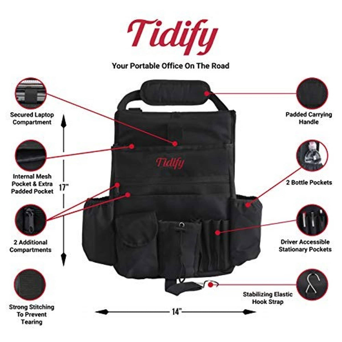 Black car seat organizer diagram showing laptop compartment, mesh pocket, and straps.