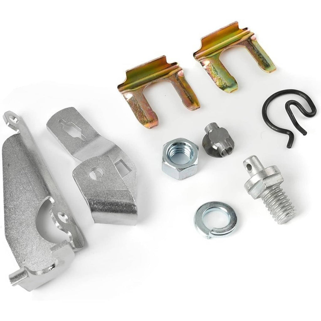Transmission shift cable mounting hardware kit with brackets, spring clip, and fasteners