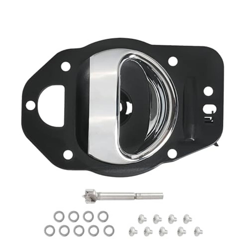 Interior door handle kit with chrome lever and black base plate, plus fasteners