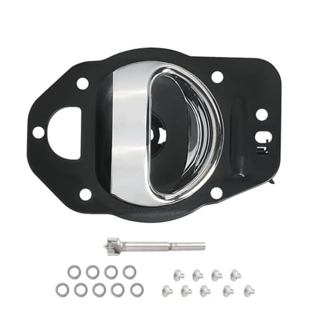 Interior door handle kit with chrome lever and black base plate, plus fasteners
