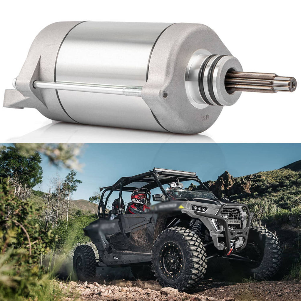 Starter motor with silver housing, mounting ears, and protruding output shaft