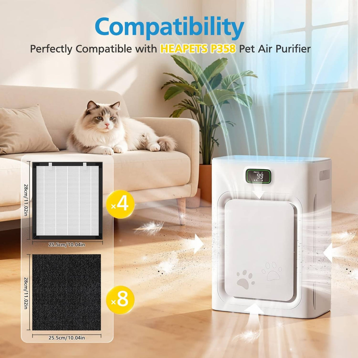 Multiple replacement HEPA and carbon filters, black foam with white pleated centers