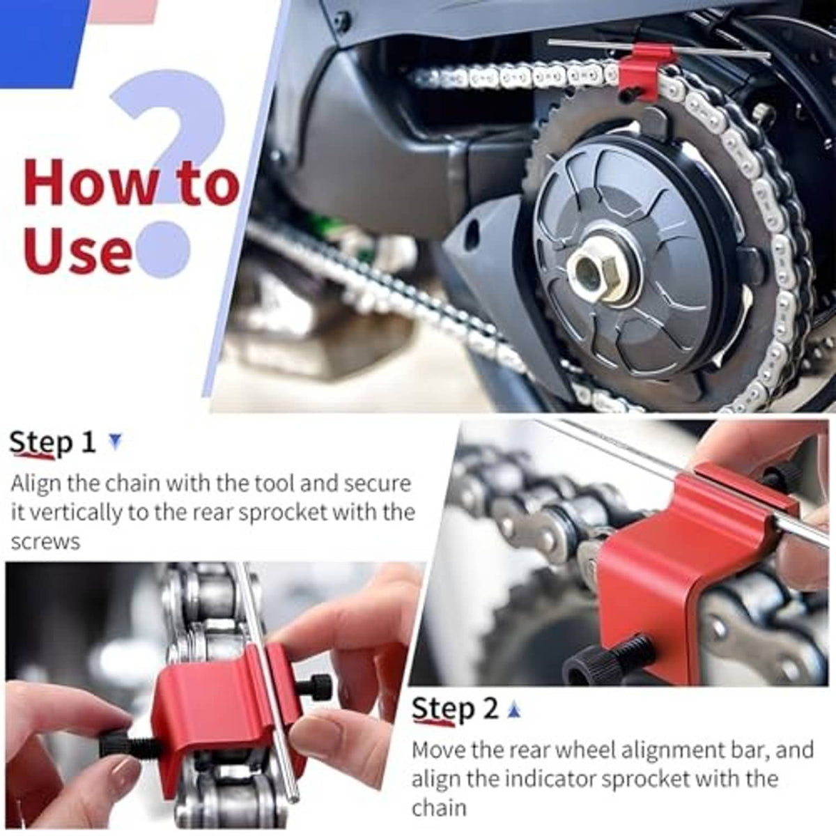 Red chain alignment tool aligned on a motorcycle rear sprocket with two rods