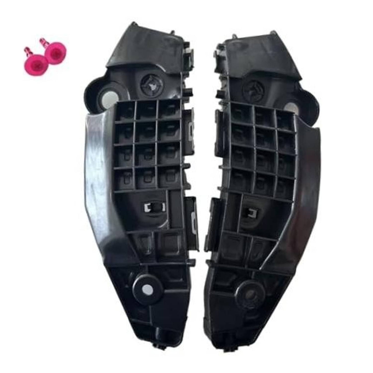 Black front bumper bracket pair, molded plastic housings with mounting holes and clips